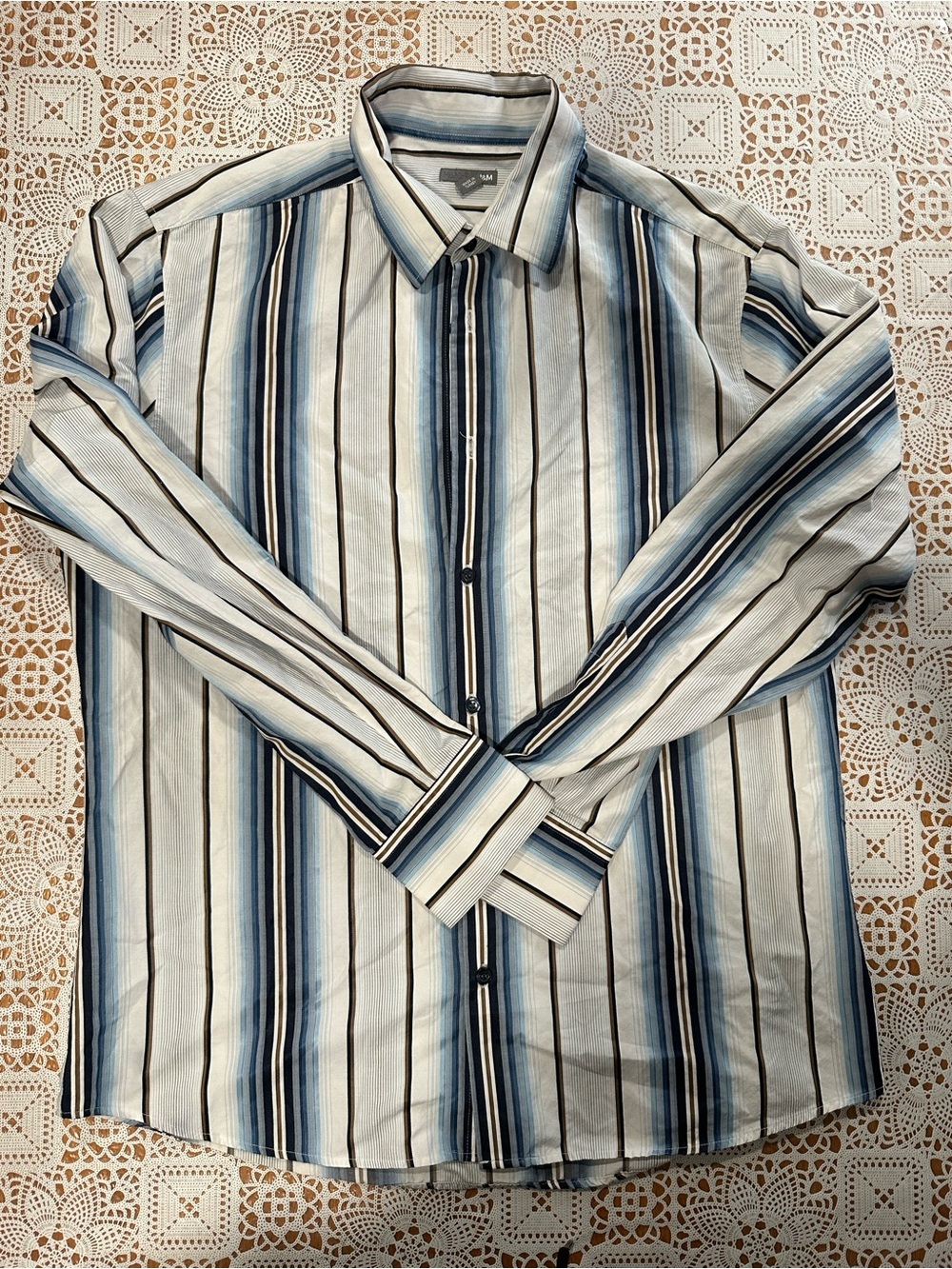 H&M Men’s Blue Brown Striped Button-Up Shirt XL 17¼